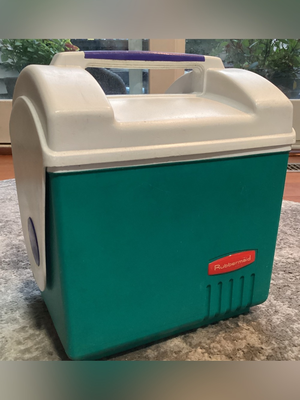 Vintage Rubbermaid Mini Cooler Model #1810, Teal Green & White w/Purple Handle